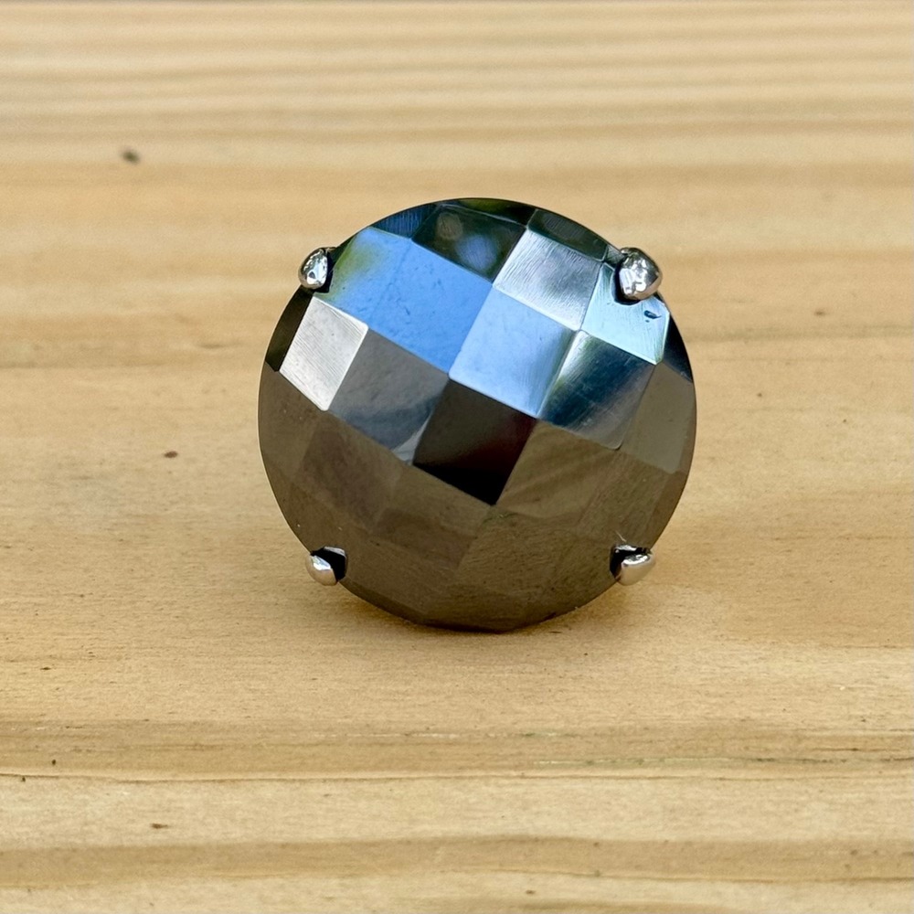 Milor China Silver Tone Hematite Checkerboard Faceted Round Cocktail Ring Size 9